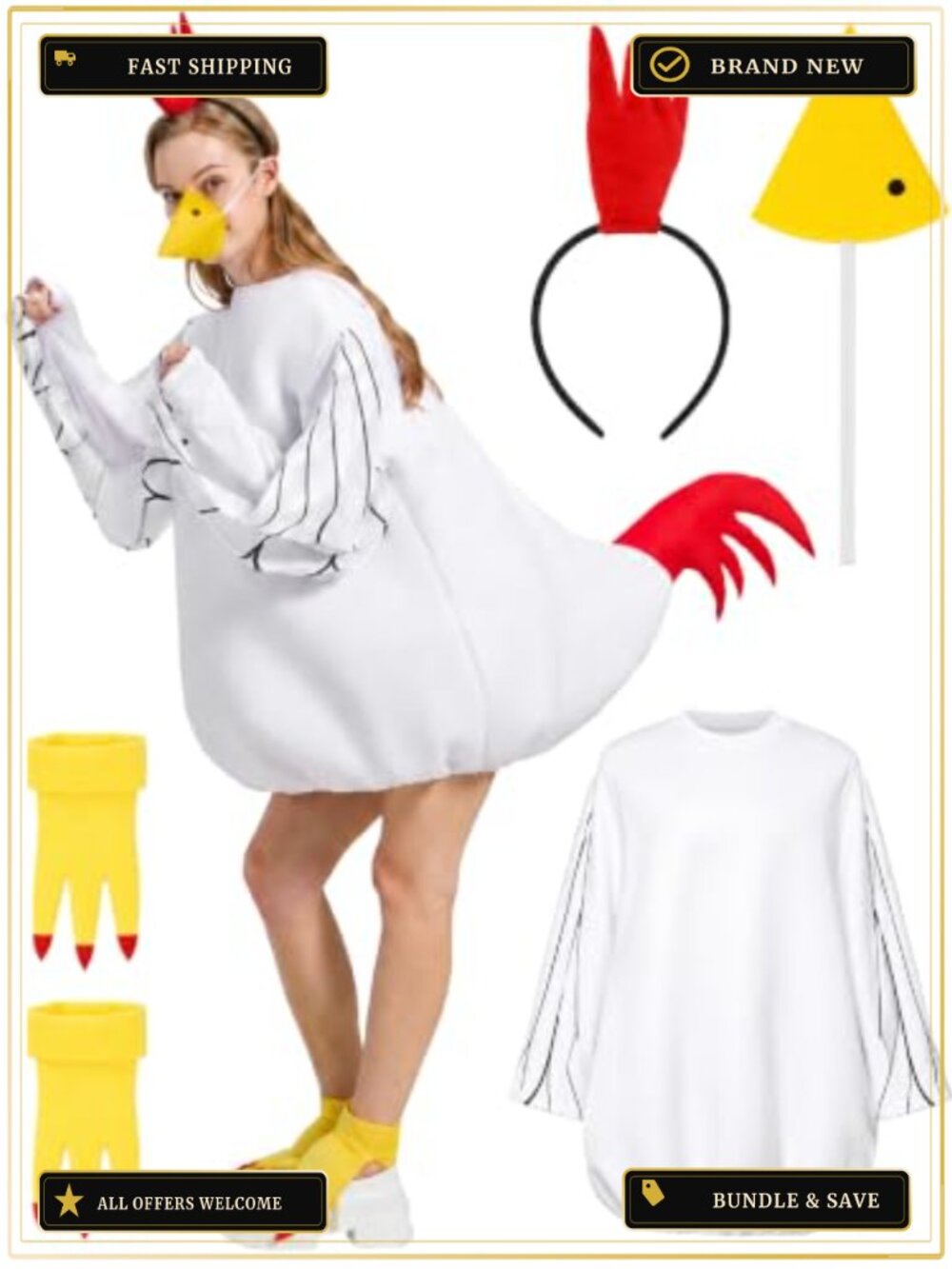Adult Chicken Costume 4PC Set Cosplay Halloween Rooster Outfit